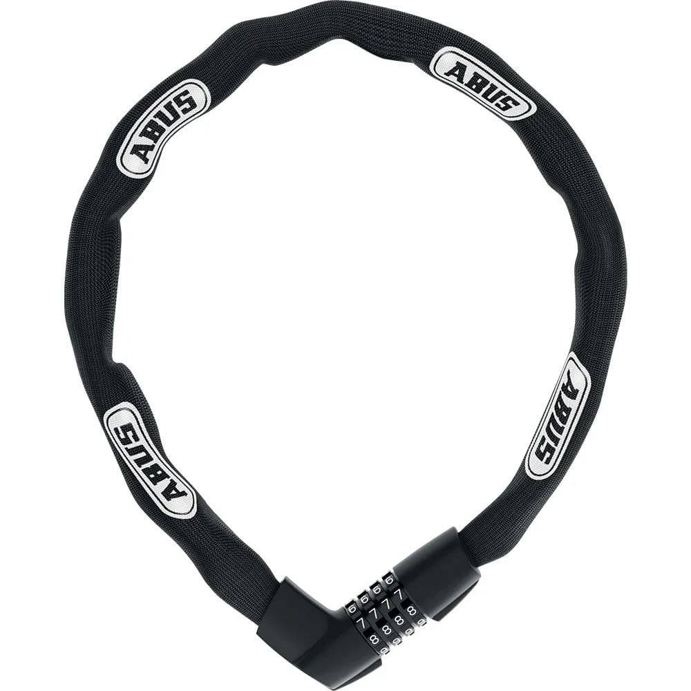 ABUS Tresor 1385/85 black chain lock with combination for bike security, showing the heavy-duty chain and lock mechanism.