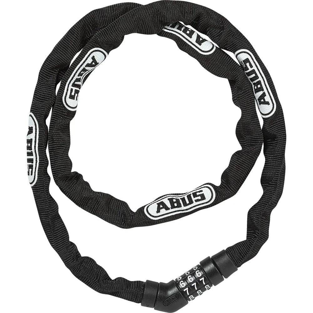 ABUS Steel-O-Chain 4804C/110 BK bike lock with black steel chain and combination lock for bicycle security.