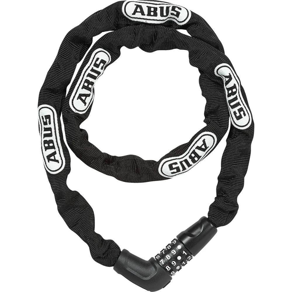 ABUS 5805C/110 BK steel bike chain lock with durable number reels, showing the chain and lock mechanism in black.