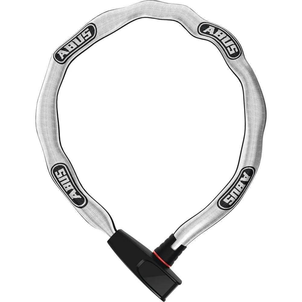ABUS Chain Lock 6806K/110 with hardened steel chain and reflective surface, designed for bike security and accessories.