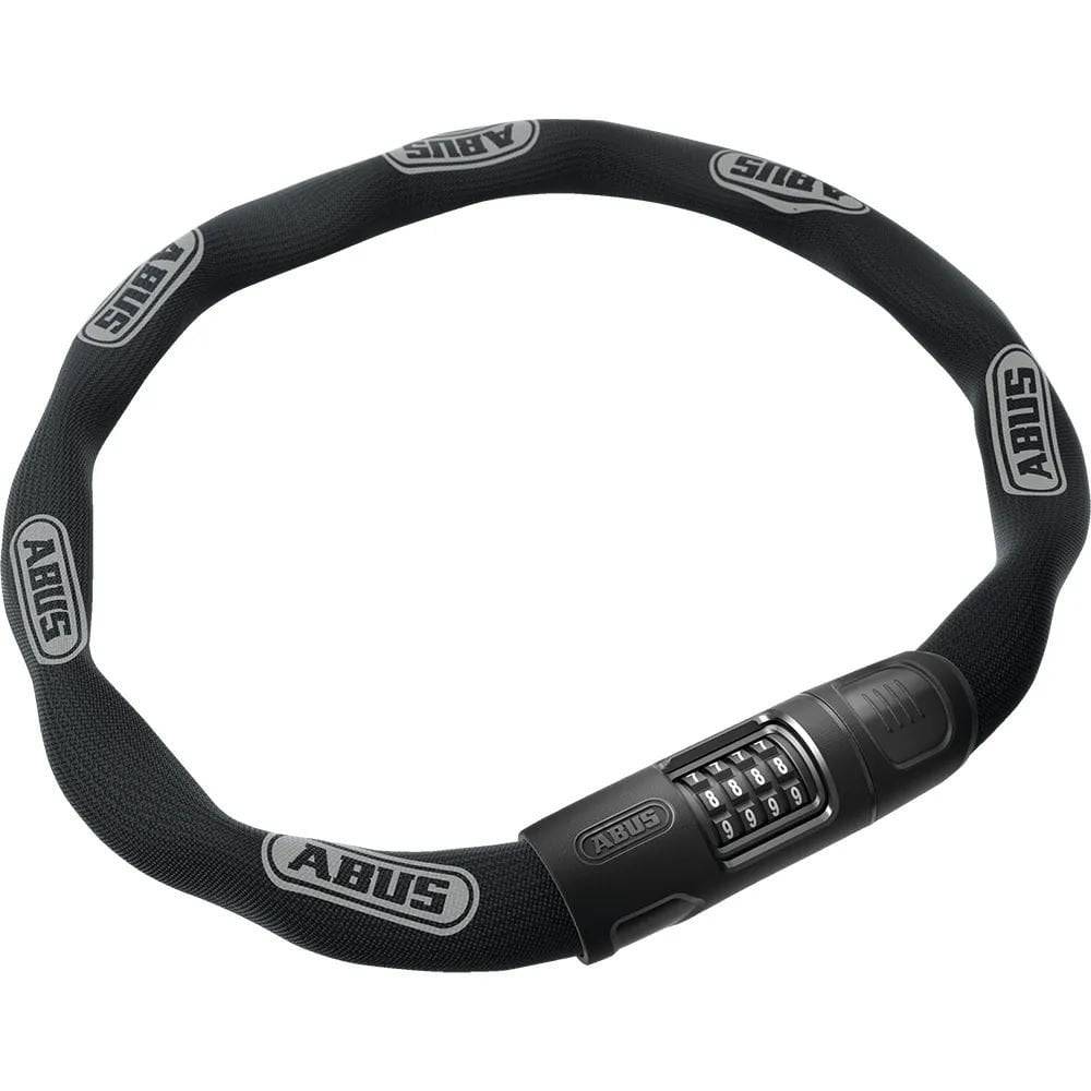 ABUS 8808C/110 BK plastic-coated chain lock with combination for bike security, showing the black chain and lock mechanism.