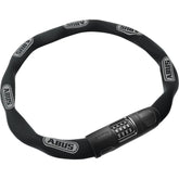 ABUS 8808C/110 BK plastic-coated chain lock with combination for bike security, showing the black chain and lock mechanism.