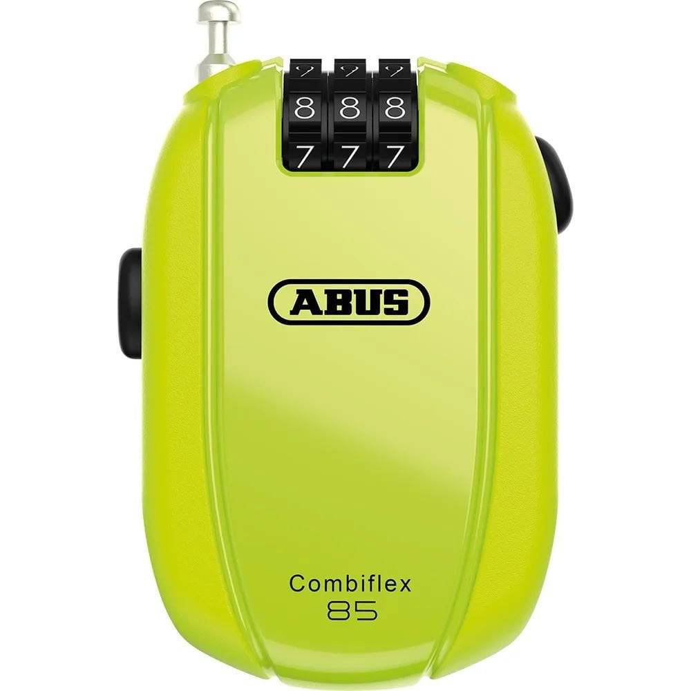 ABUS Combiflex Break 85 neon combination lock with flexible steel cable for securing helmets and valuables.