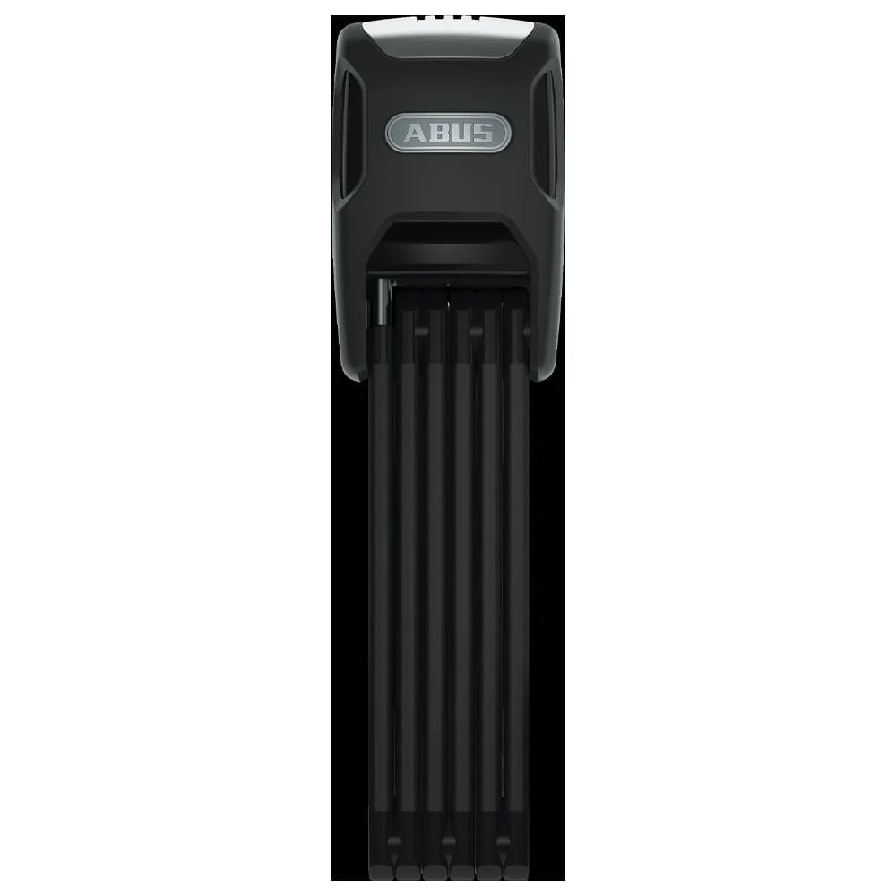 ABUS Foldable Bordo 6000KA/120 BK SH bike lock with 100dB alarm and motion sensor, shown folded with lock mechanism visible.