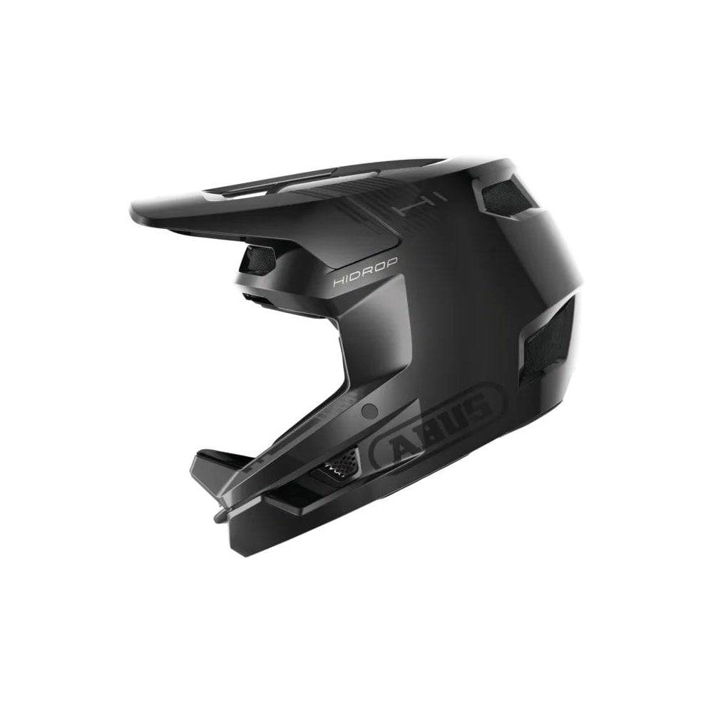ABUS HiDrop mountain bike helmet with break-away visor designed for downhill racing, featuring durable construction and ventilation.