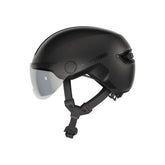 ABUS HUD-Y ACE urban cycling helmet with adjustable visor and rechargeable rear LED light, designed for safe city riding.