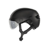 ABUS HUD-Y ACE urban cycling helmet with adjustable visor and rechargeable rear LED light, designed for safe city riding.
