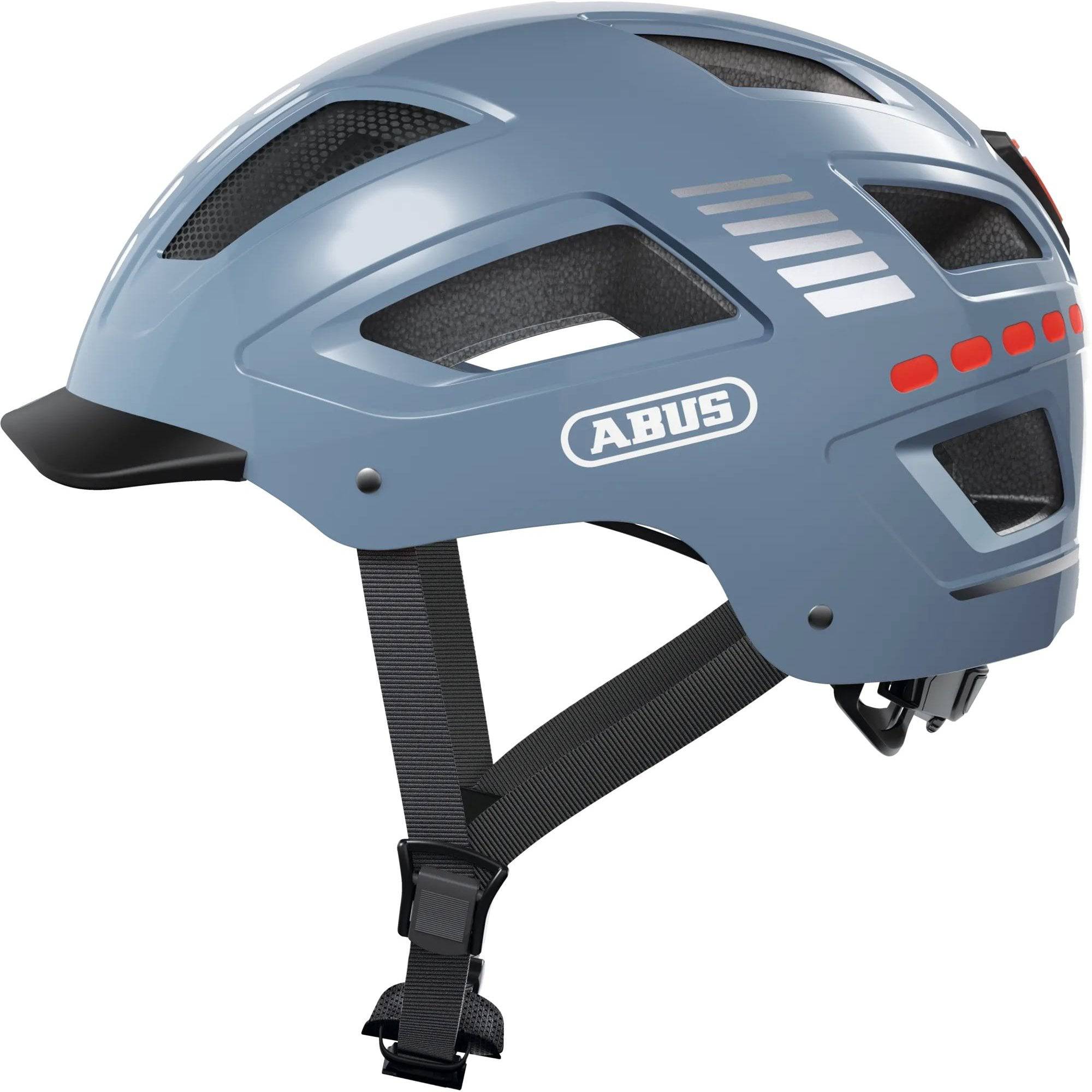 ABUS Hyban 2.0 urban cycling helmet with ventilation and adjustable fit, shown from the side with vents and strap details.