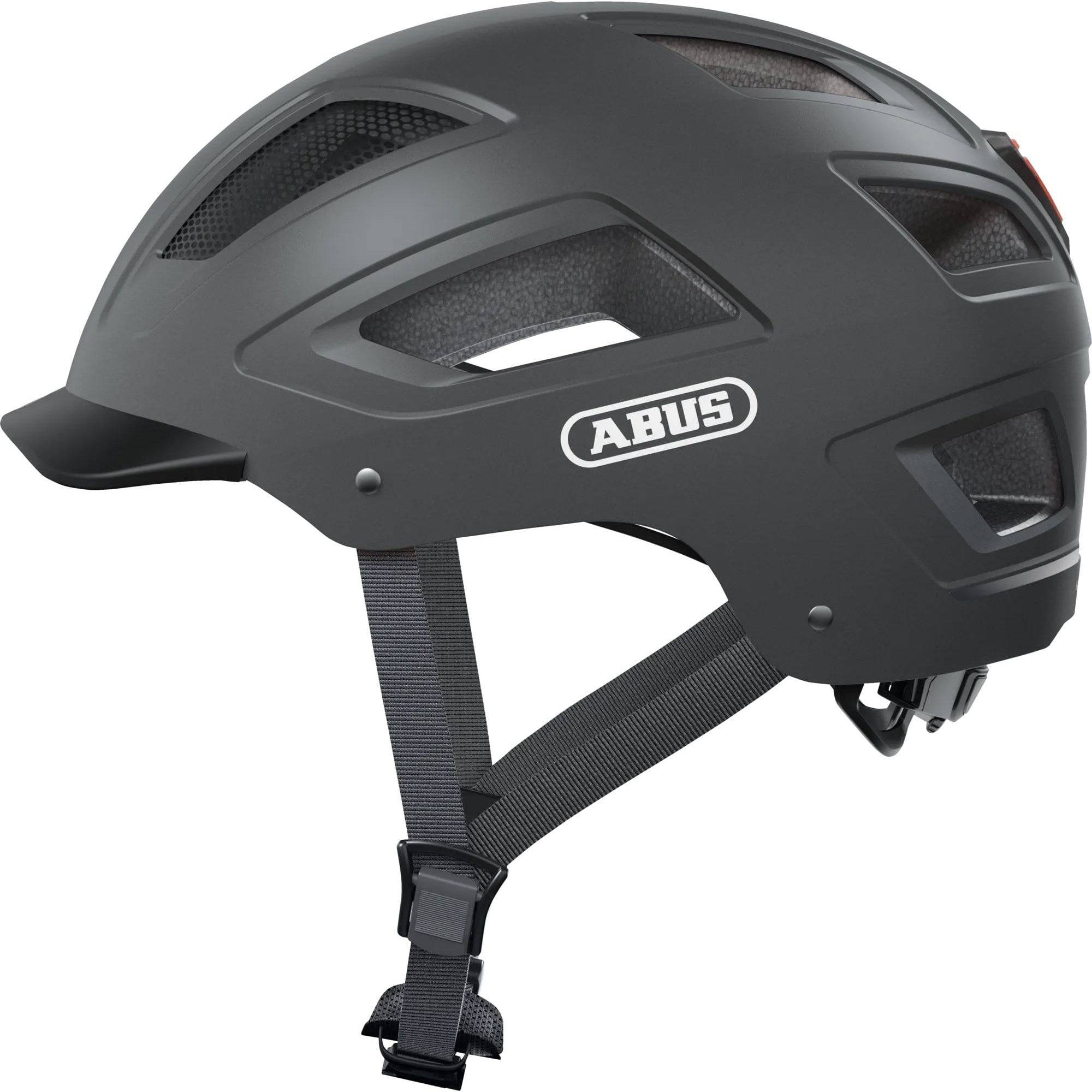 ABUS Hyban 2.0 urban cycling helmet with ventilation and adjustable fit, shown on a model outdoors.