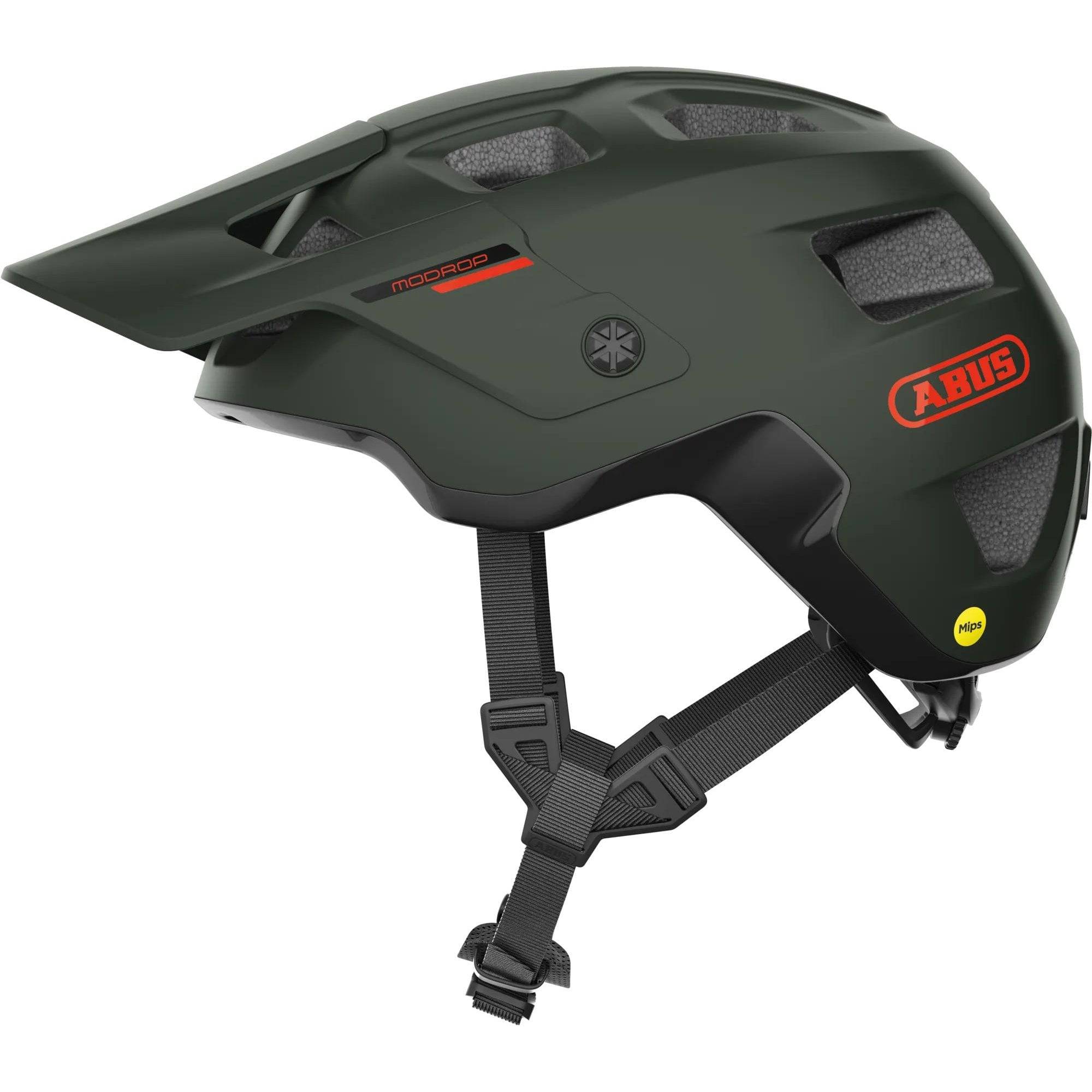 ABUS MoDrop MIPS mountain bike helmet with adjustable visor and MTB fit system, shown on a rider wearing outdoor gear.