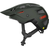 ABUS MoDrop MIPS mountain bike helmet with adjustable visor and MTB fit system, shown on a rider wearing outdoor gear.