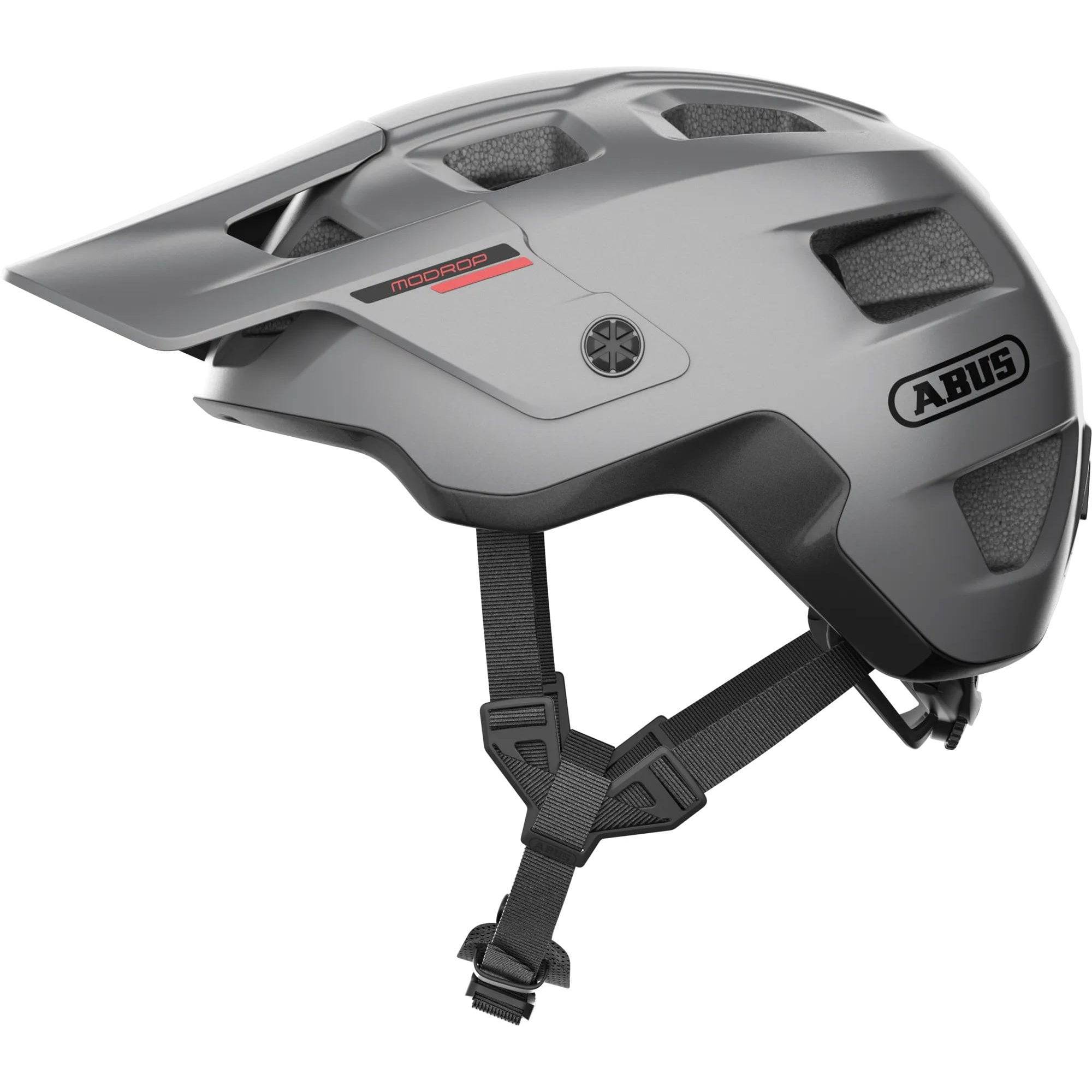 ABUS MODROP mountain bike helmet with adjustable visor and secure fit system, shown from front angle on a neutral background.