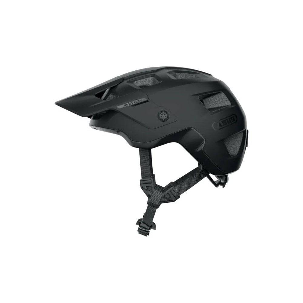 ABUS MODROP mountain bike helmet with adjustable visor and secure fit system, shown from side view on a rider.