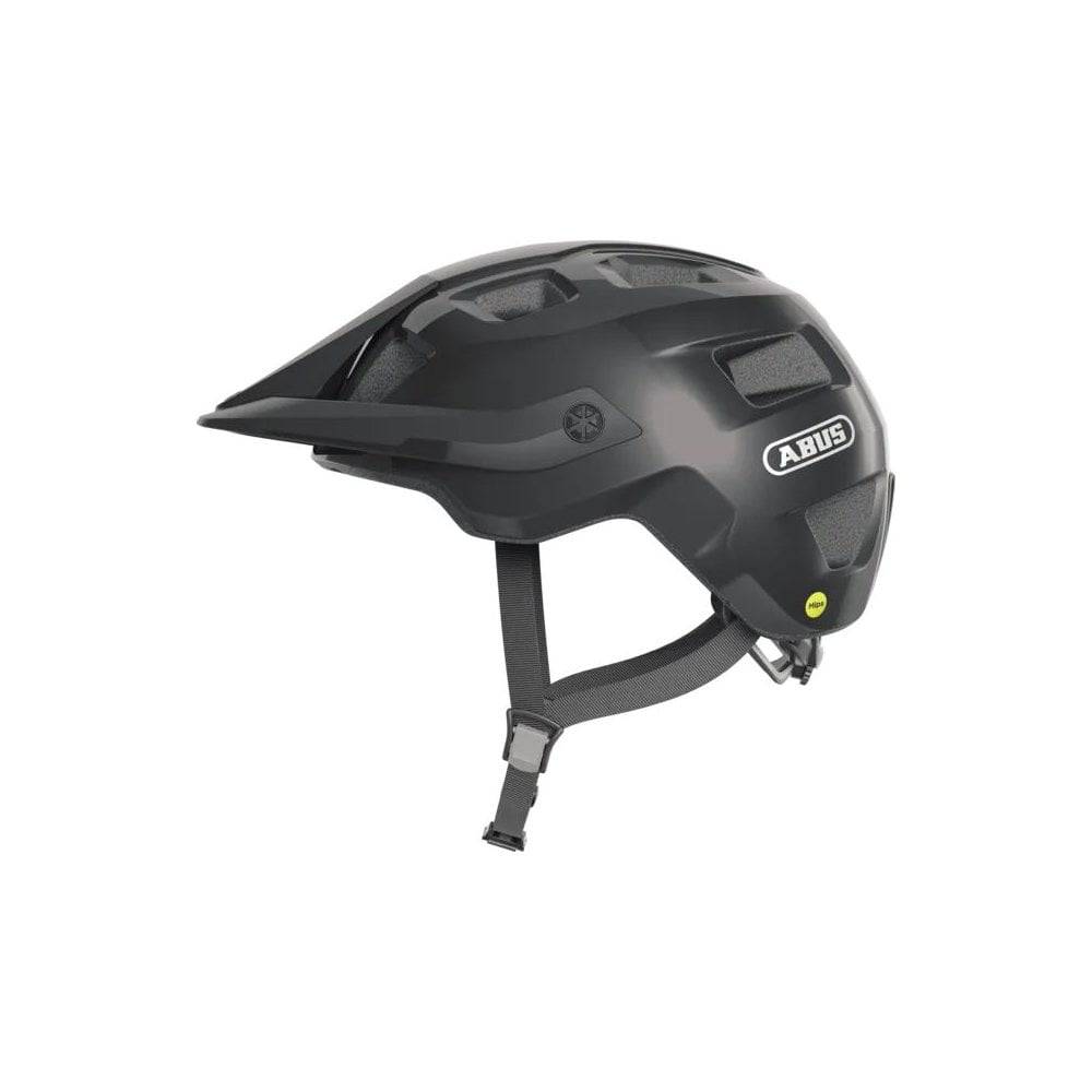 ABUS MOTRIP MIPS mountain bike helmet with adjustable fit and ventilation, shown from the front with straps and vents visible.