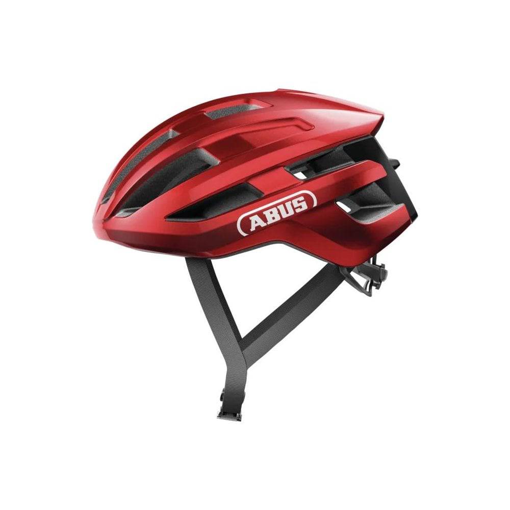 ABUS PowerDome cycling helmet with ventilation and Zoom Ace Fit system, shown on a cyclist's head.