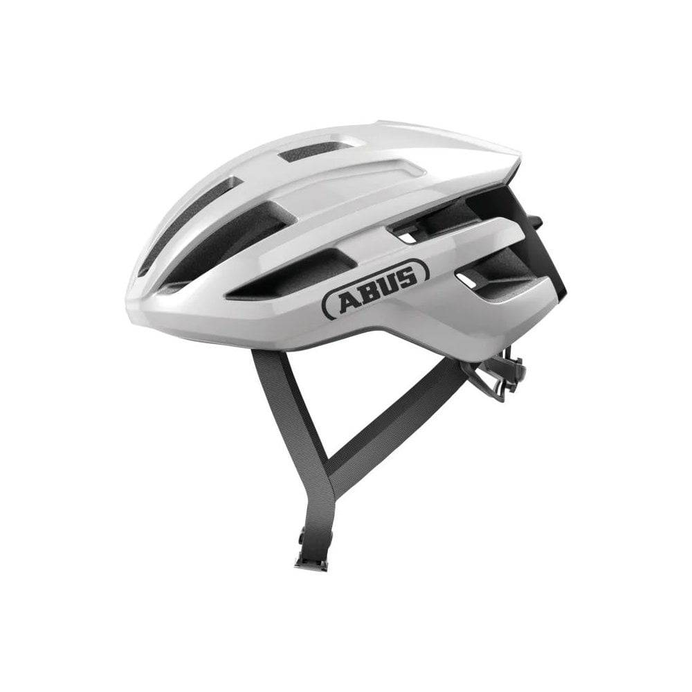 ABUS PowerDome cycling helmet with ventilation and Zoom Ace fit system, lightweight head protection for cyclists.