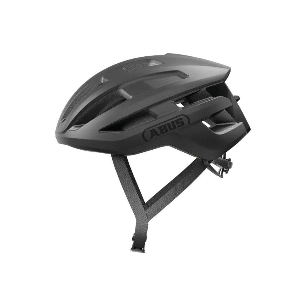 ABUS PowerDome cycling helmet with ventilation and Zoom Ace Fit system, showing adjustable straps and aerodynamic design.