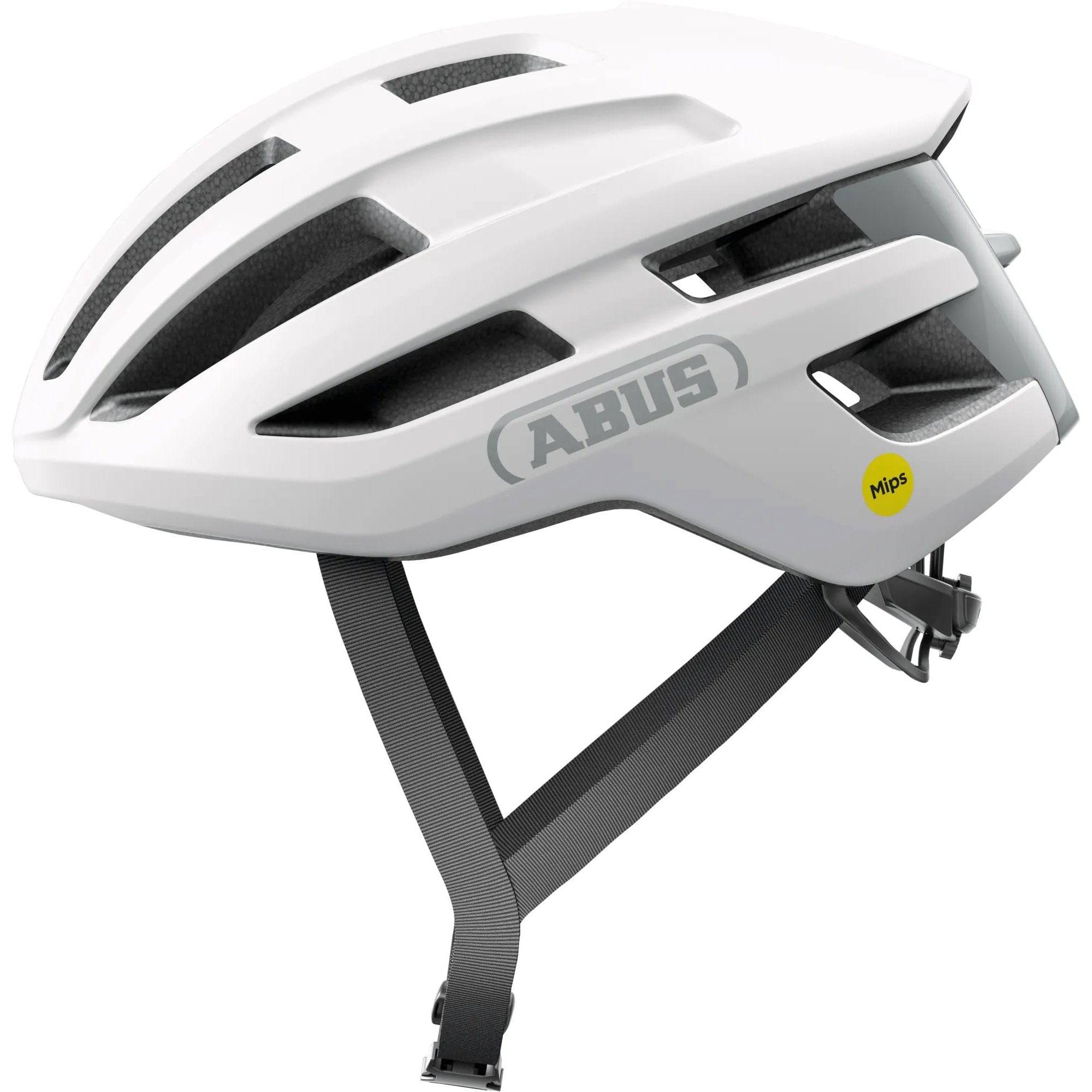 ABUS POWERDOME MIPS cycling helmet with ventilation system and Zoom Ace fit, featuring aerodynamic design and adjustable straps.
