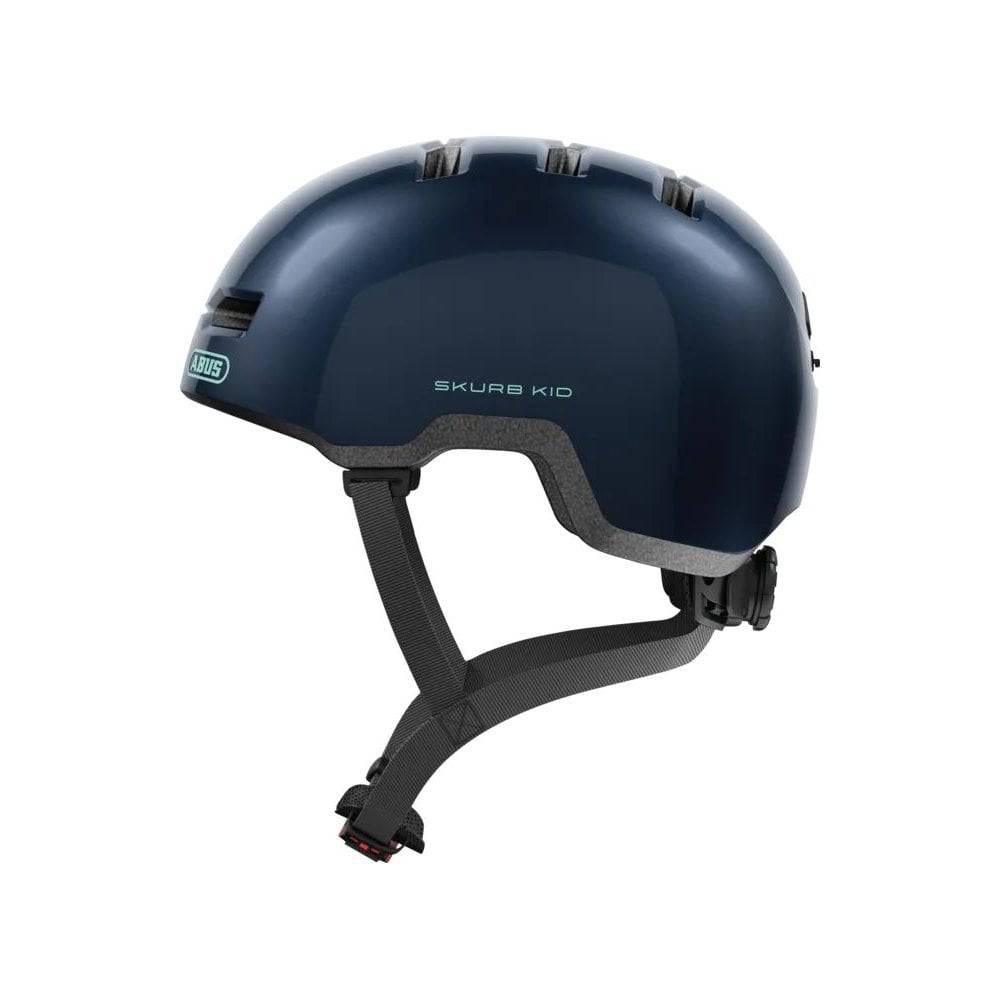 ABUS Skurb kids helmet with adjustable straps, designed for biking, skateboarding, and scooting, in bright colors.