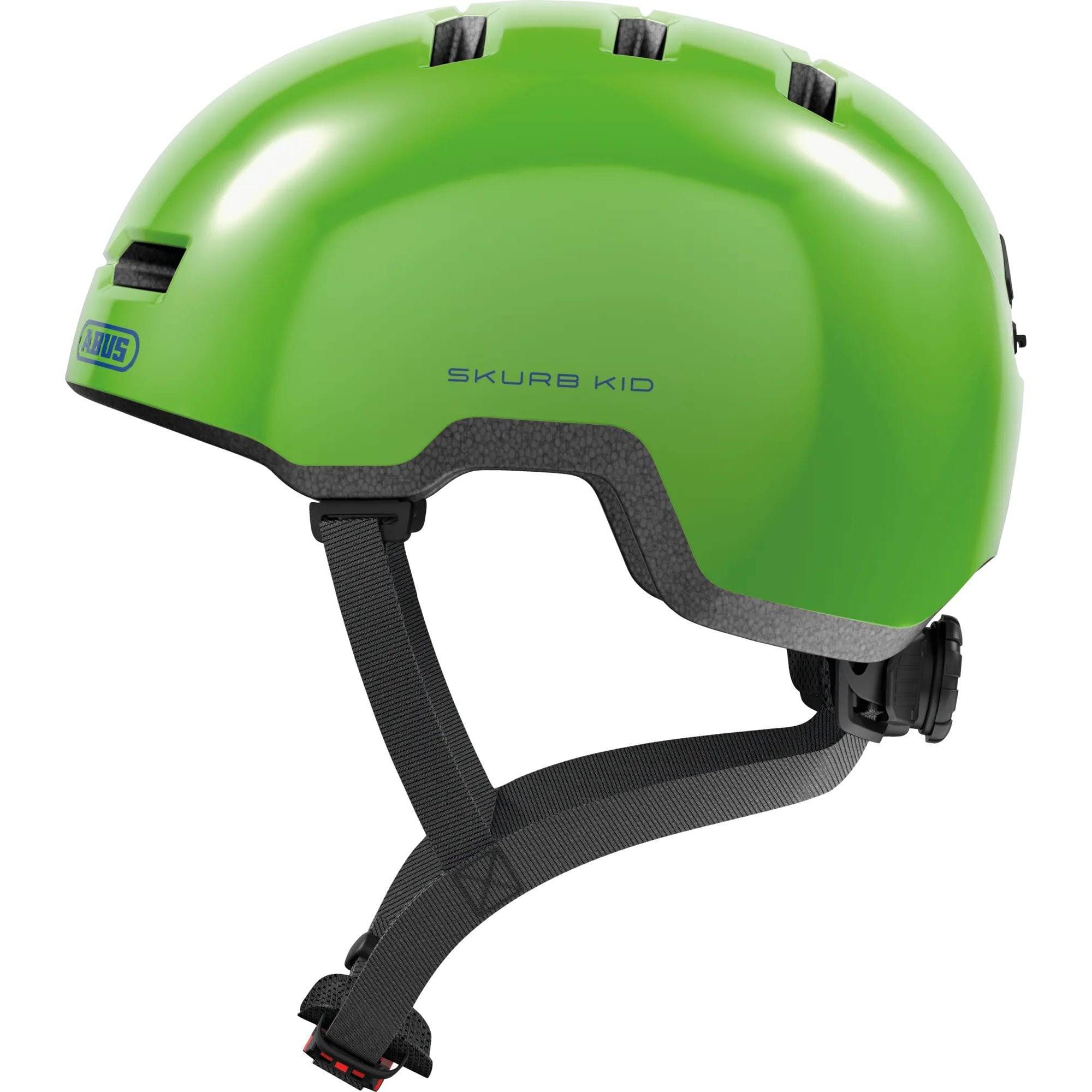ABUS Skurb kid helmet in black with adjustable straps, designed for kids' bikes, skateboards, and scooters.