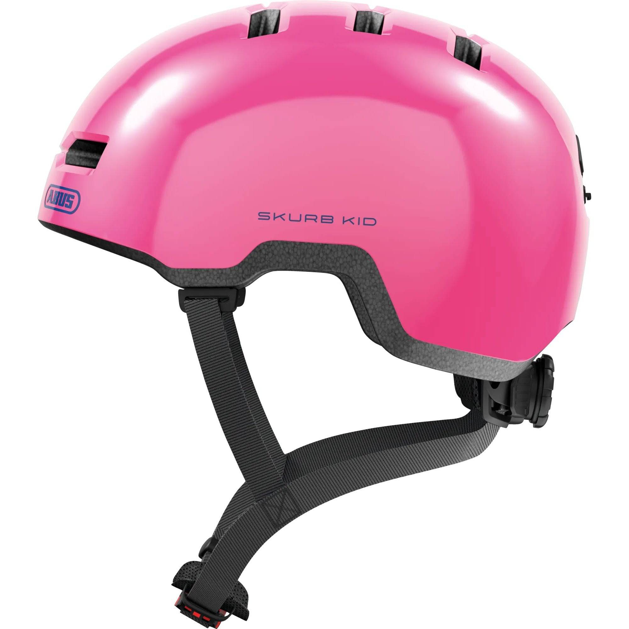 ABUS Skurb kids helmet with adjustable straps, suitable for biking, skateboarding, and scooting, shown on a child.