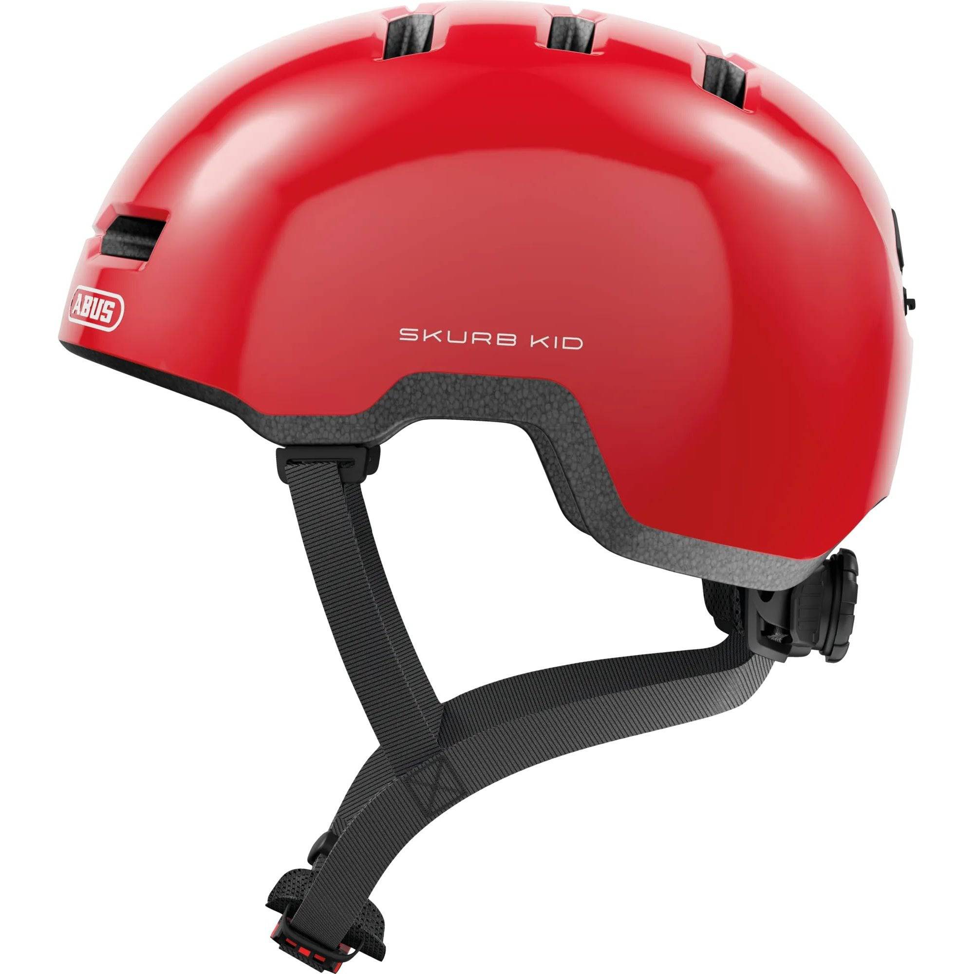 ABUS Skurb kid helmet with adjustable straps, designed for biking, skateboarding, and scooting, in vibrant colors.