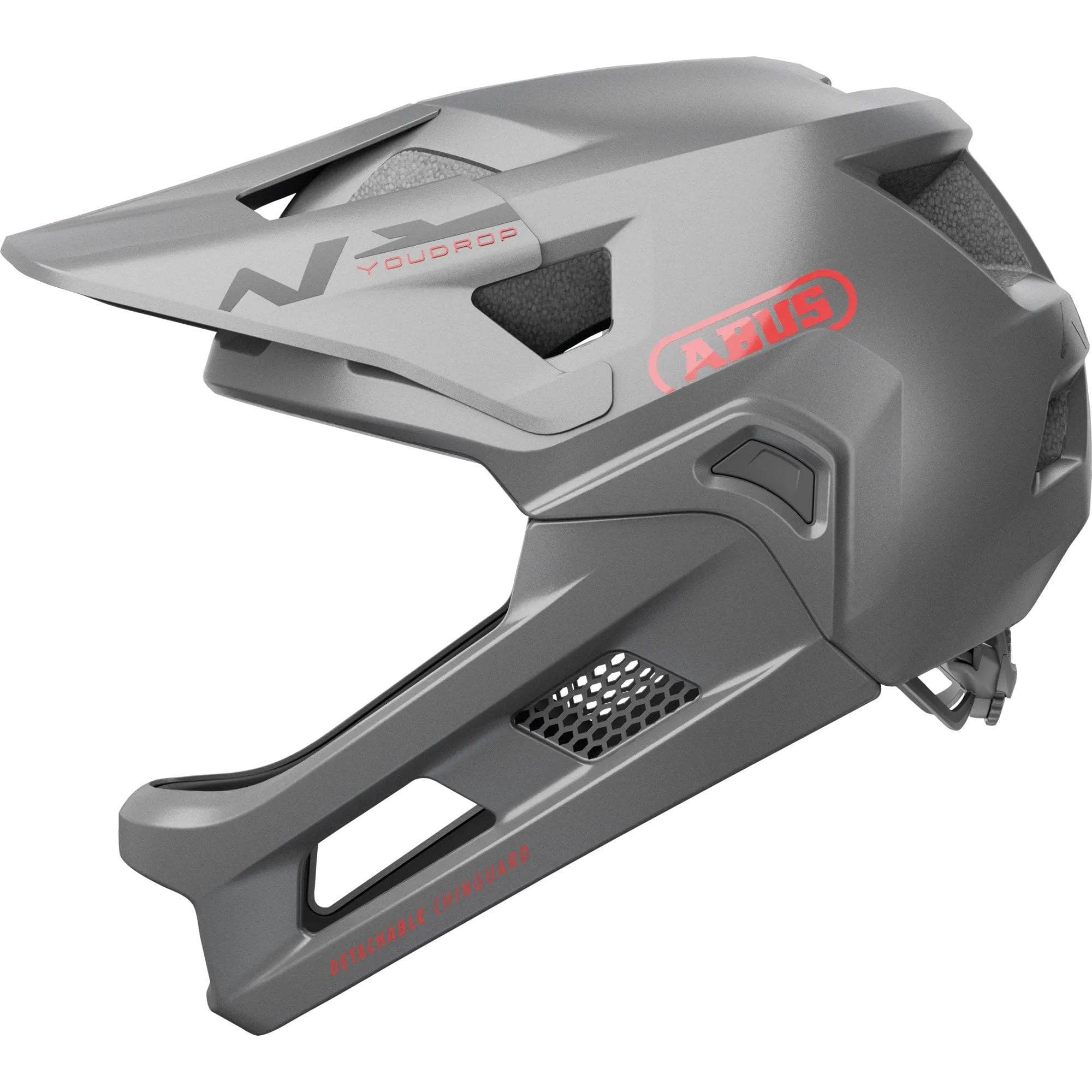 ABUS YOUDROP FF kids full-face MTB helmet with removable chin guard and ventilation, showing helmet with bright colors and adjustable straps.