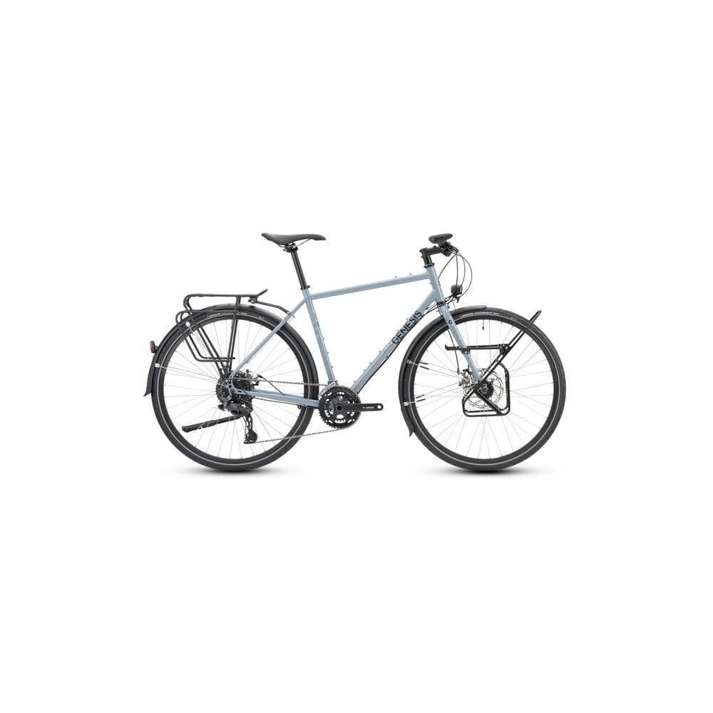 Genesis Tour De Fer 30 adventure bike with disc brakes, designed for long-distance touring, shown in a scenic outdoor setting.