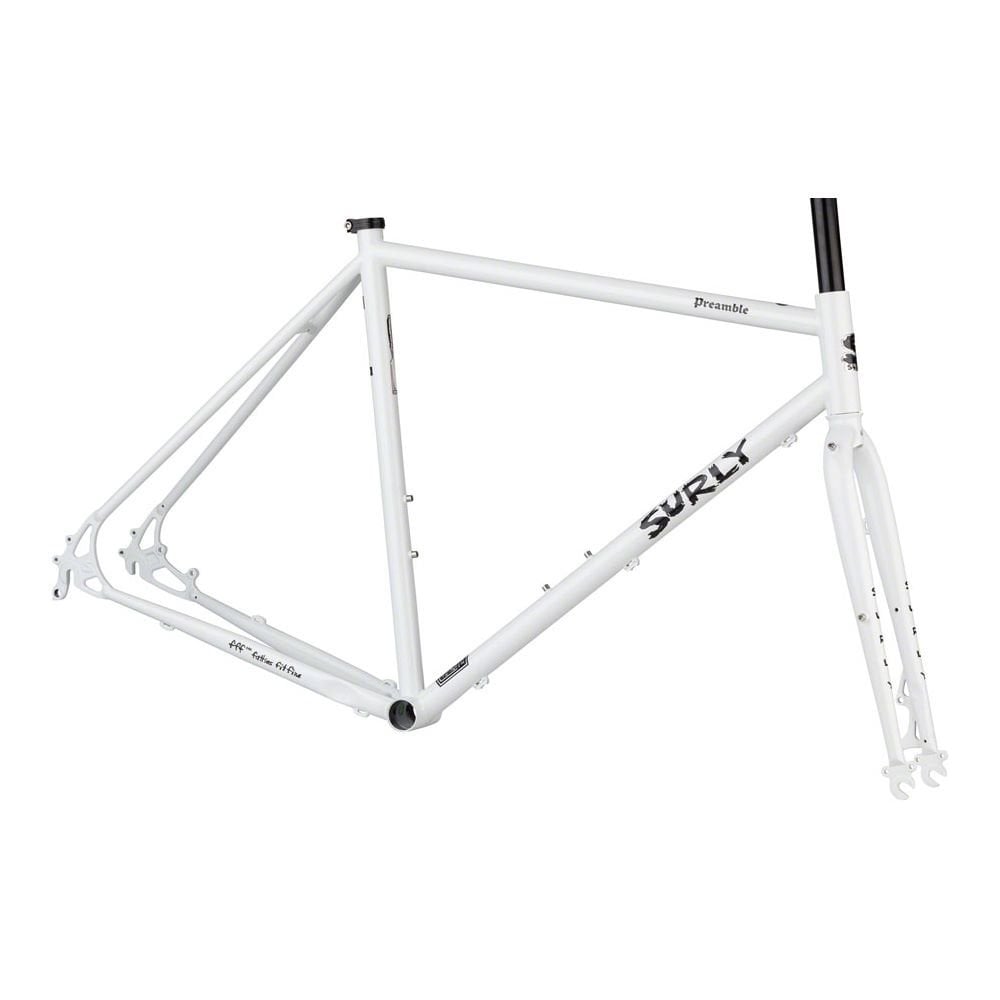 Surly Preamble white road and gravel frameset with disc brake mounts and rack mounts, showing the sleek frame and mounting points.