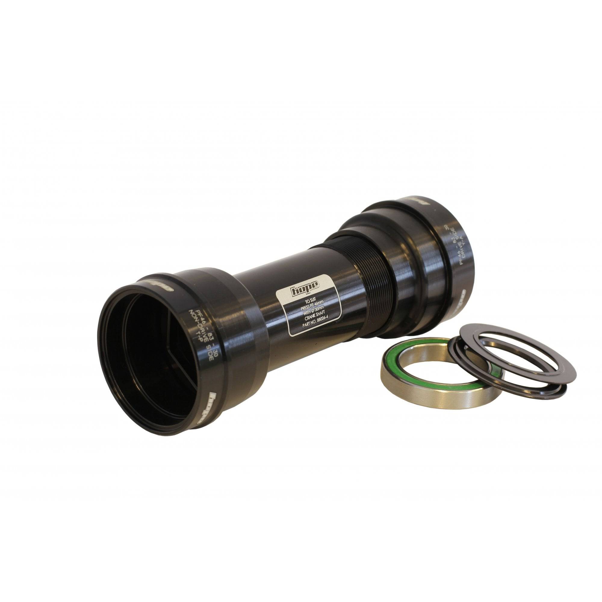Hope Pressfit 46 Bottom Bracket PF30 BBRIGHT 386Evo 30mm black bike component installed in a bicycle frame.