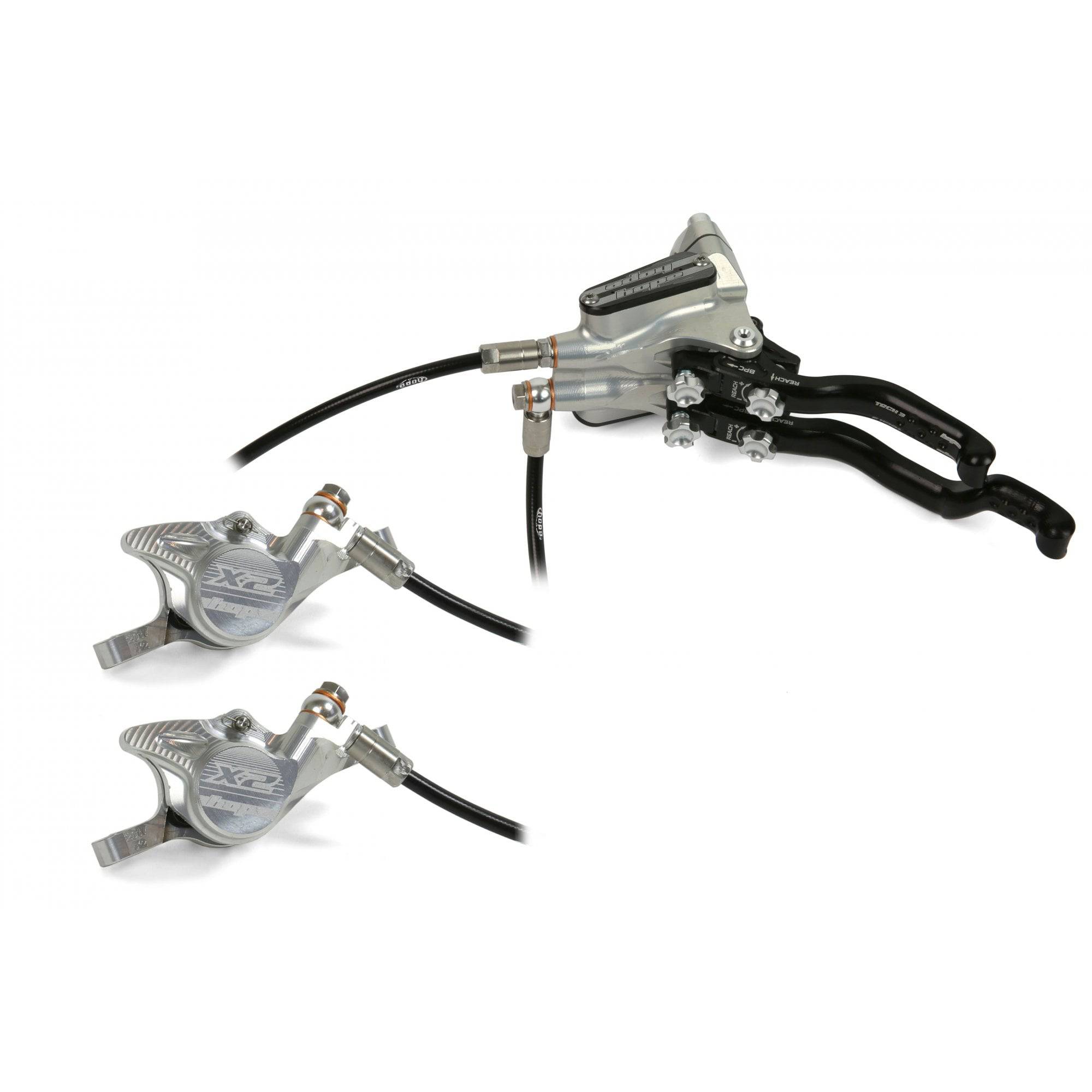 Hope Tech 3 X2 Duo MTB hydraulic brake system with adjustable dual circuits, showing brake levers and calipers.