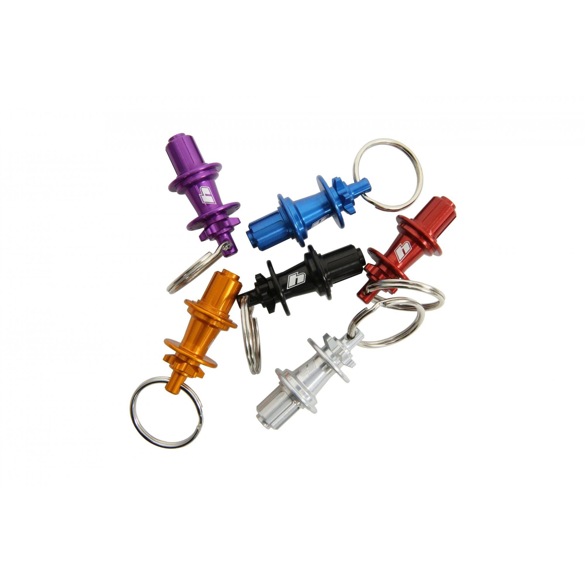 Hope Pro 5 hub keyring miniature replica in six colors, UK-made bicycle accessories with detailed hub design.