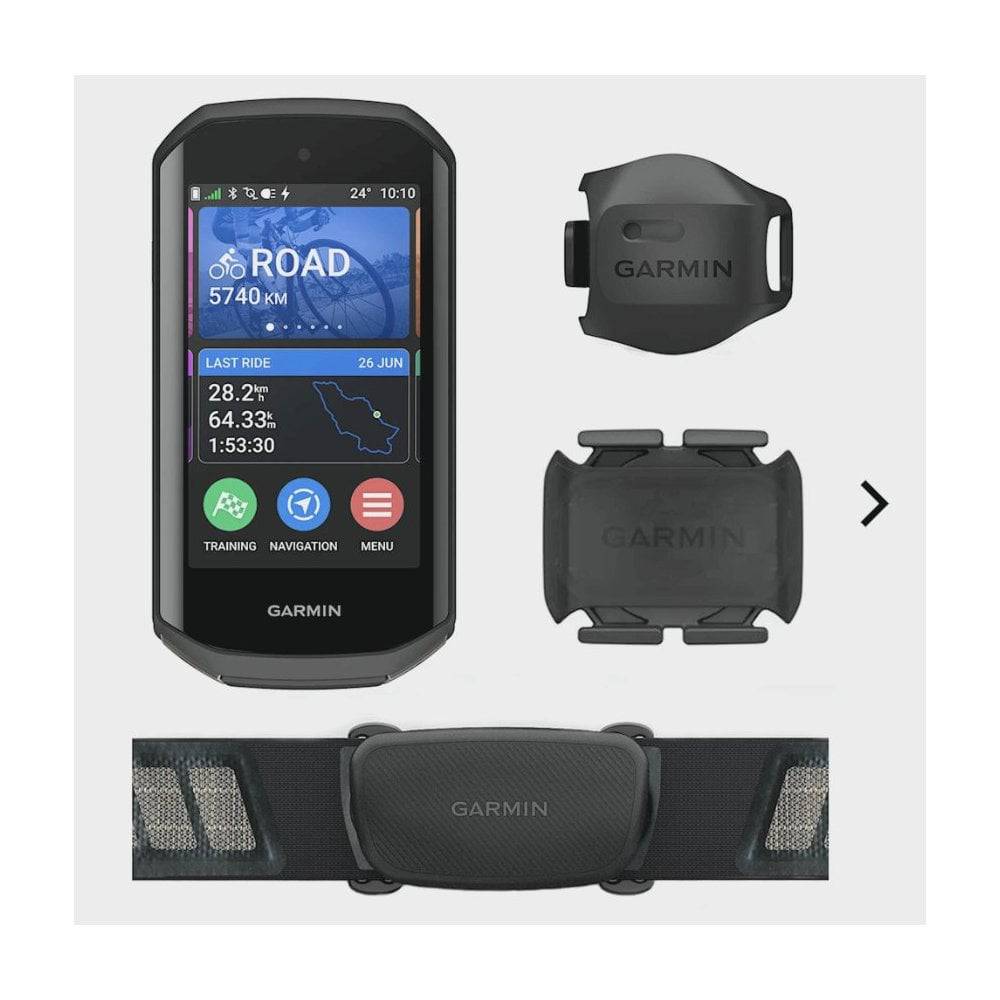 Garmin Edge 1050 GPS bike computer with HRM-Dual heart rate monitor and speed and cadence sensors mounted on a bicycle handlebar.