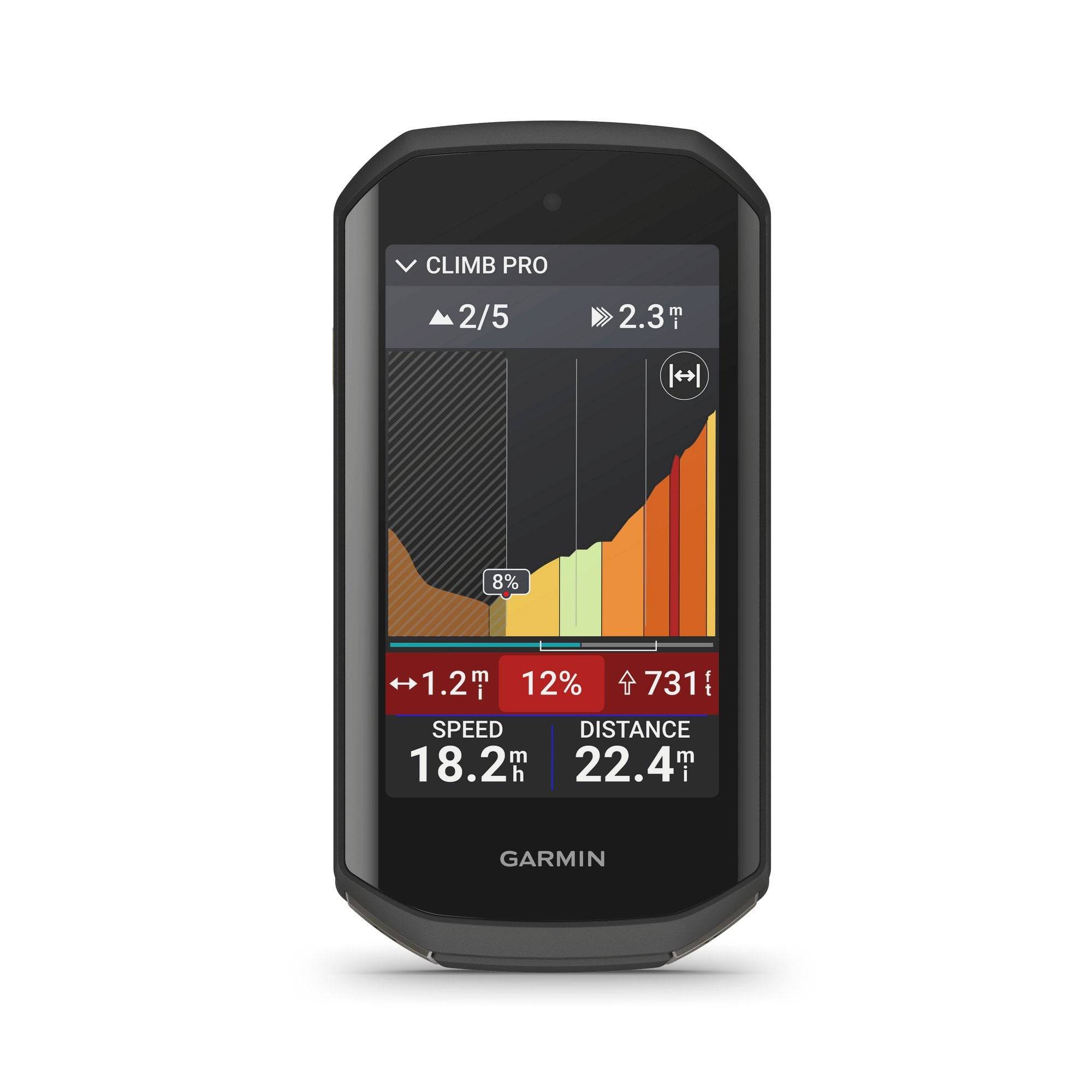 Garmin Edge 1050 GPS bike computer with HRM-Dual heart rate monitor, speed and cadence sensors attached.