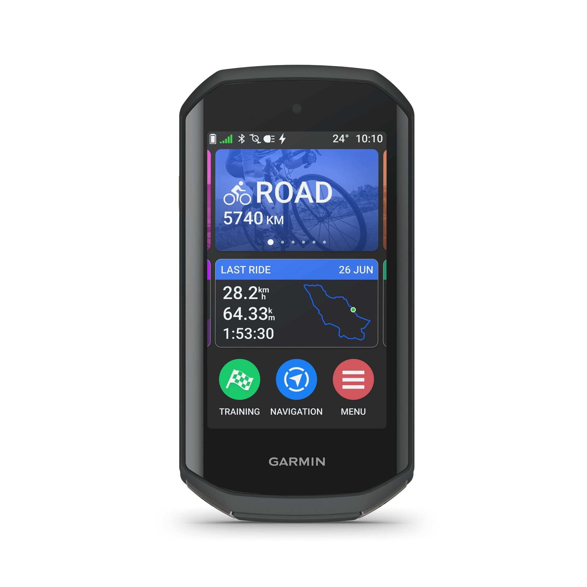 Garmin Edge 1050 GPS bike computer with HRM-Dual heart rate monitor, speed, and cadence sensors on a bike handlebars.