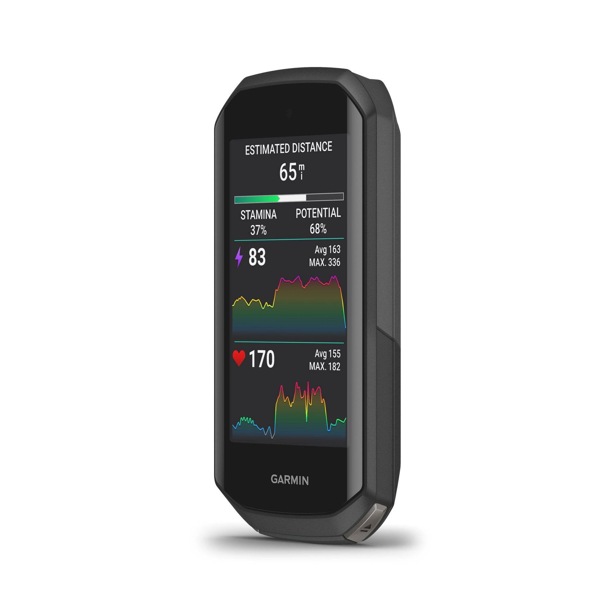 Garmin Edge 1050 GPS bike computer with HRM-Dual heart rate monitor, speed, and cadence sensors for cycling training.