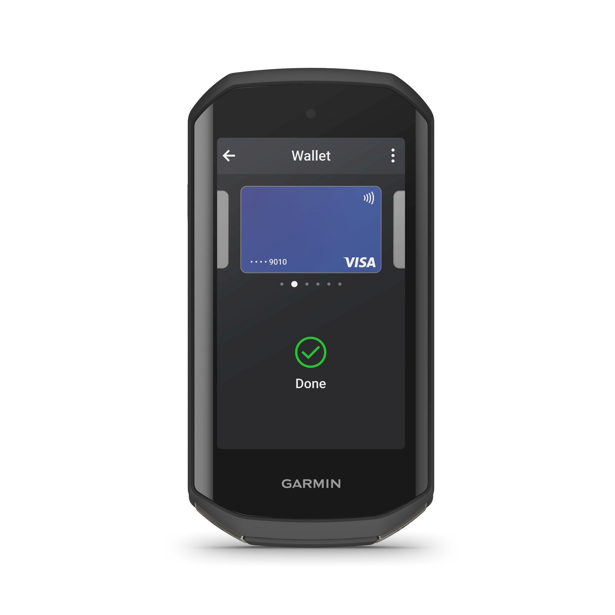 Garmin Edge 1050 GPS bike computer displaying navigation map and performance metrics on screen.