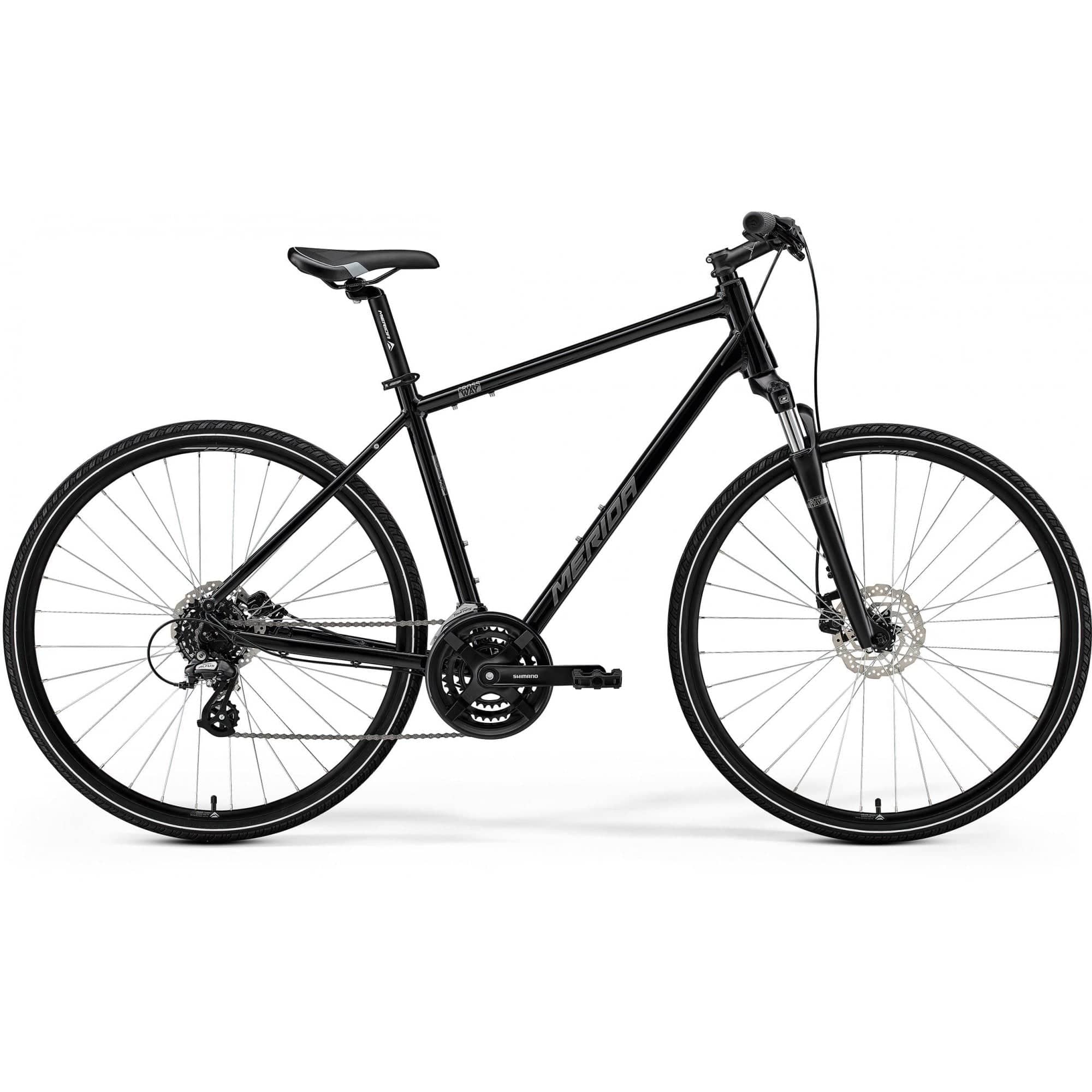Merida Crossway 10 hybrid bike with Shimano Acera gears and disc brakes, ideal for commuting and leisure riding.