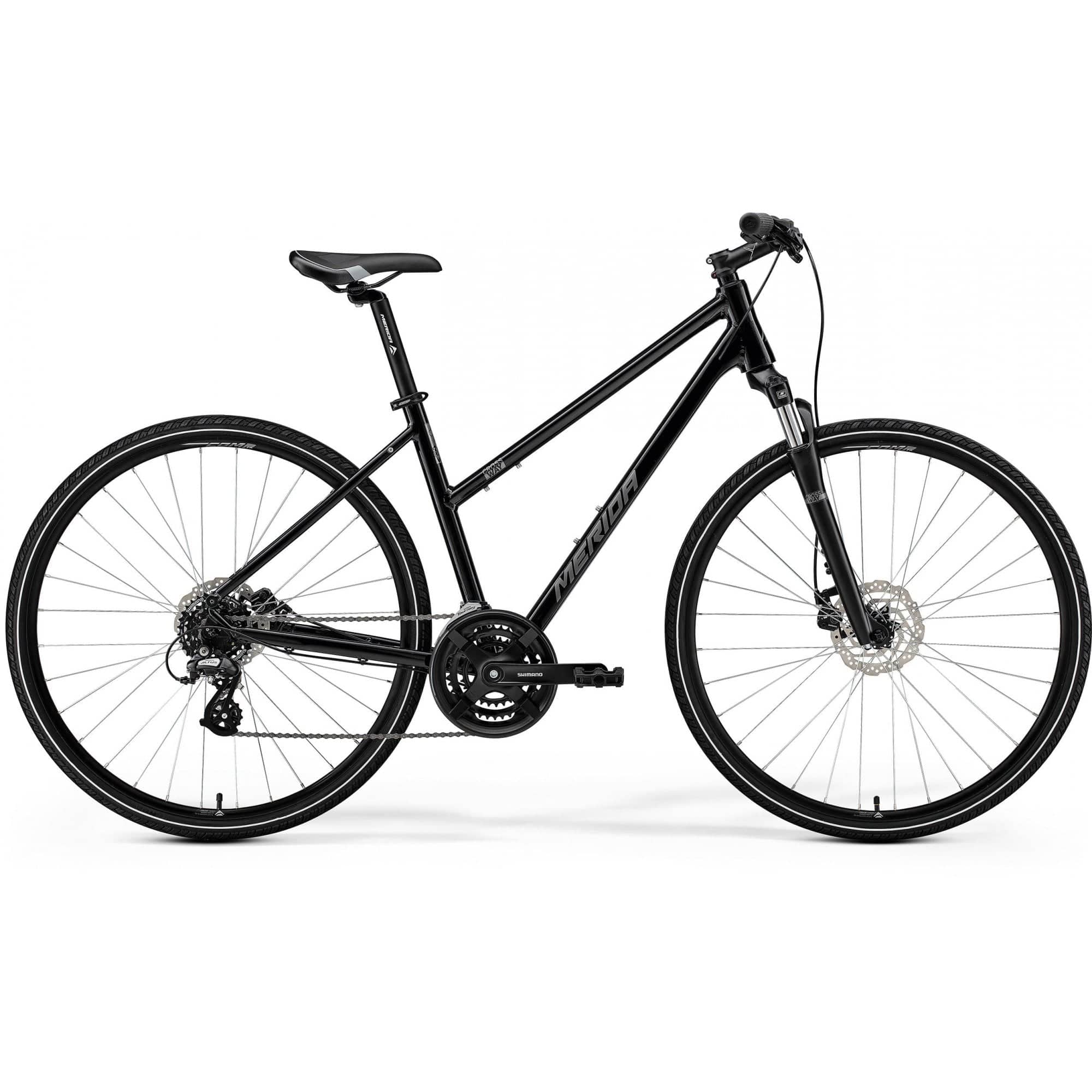 Merida Crossway 10 women's hybrid bike with Shimano Acera gears and disc brakes, ideal for commuting and urban cycling.