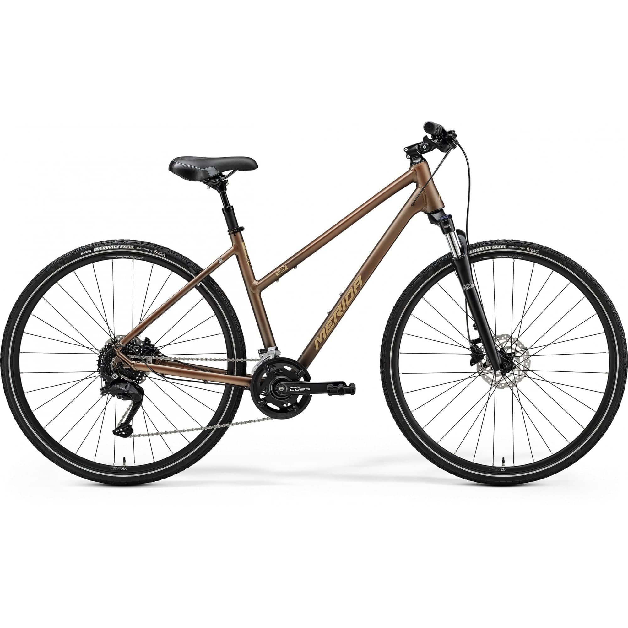 Merida Crossway 100 women's hybrid bike with Shimano CUES U3000 gears and disc brakes, shown with a sleek frame and comfortable saddle.