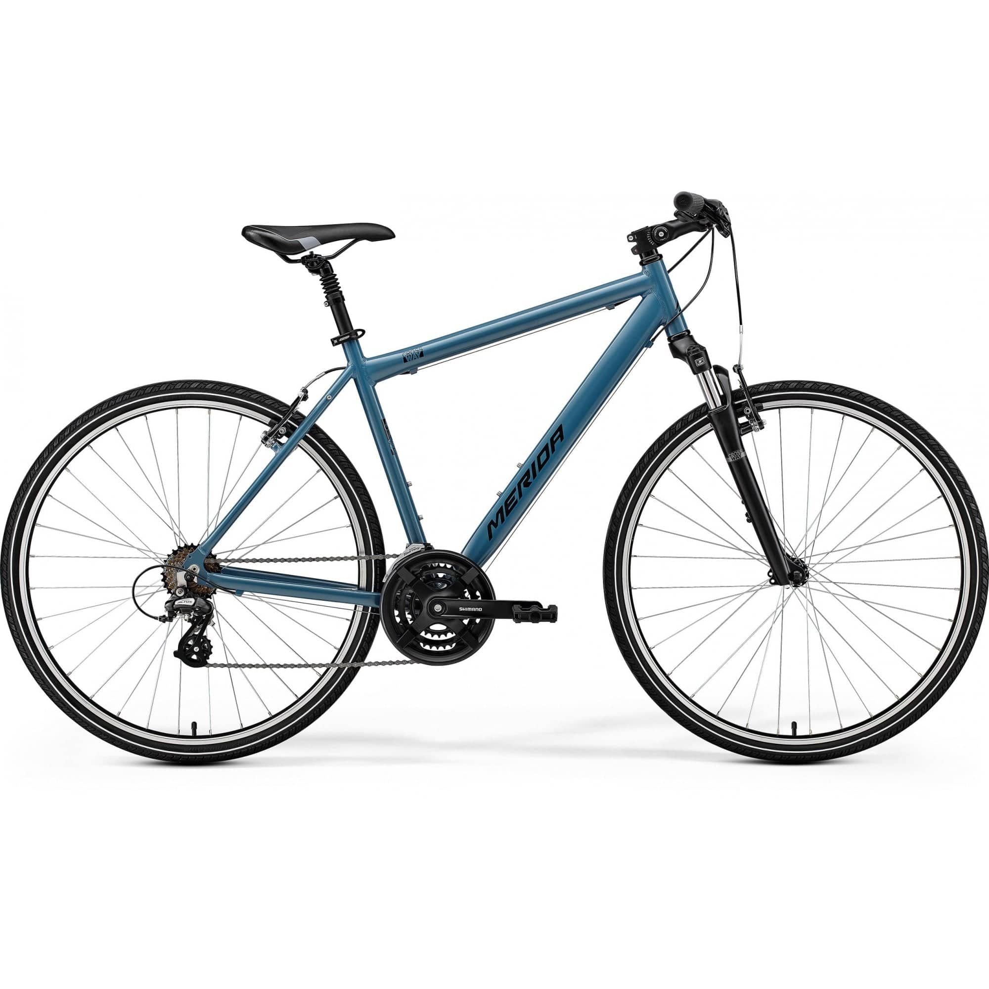 Merida Crossway 10-V SE hybrid bike with Shimano Acera gears and disc brakes, ideal for commuting and versatile riding.