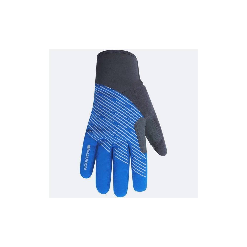 Madison Stellar waterproof thermal gloves with reflective safety stripes and touchscreen compatibility, shown on a hand.