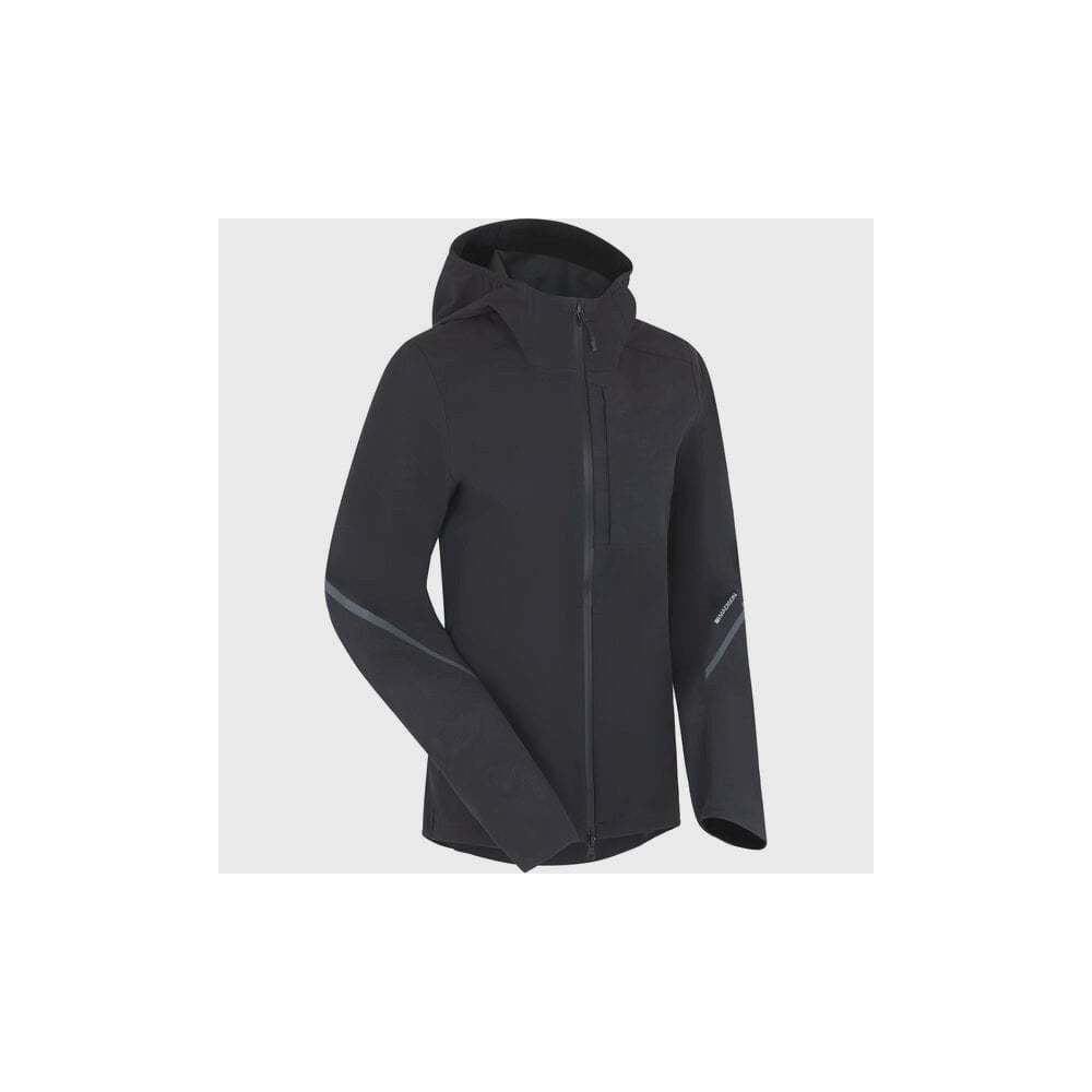 Madison Roam Women's waterproof 2-layer jacket with packable hood and reflective details, suitable for outdoor weather protection.