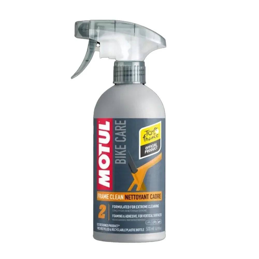 Motul Frame Clean Wet bike frame cleaner bottle showing 500ml capacity, designed for removing dirt and grease from motorcycle frames.