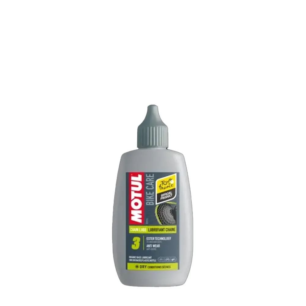 Motul Chain Lube Dry 100ml bottle, eco-friendly bike chain lubricant with anti-wear properties, suitable for bike maintenance.