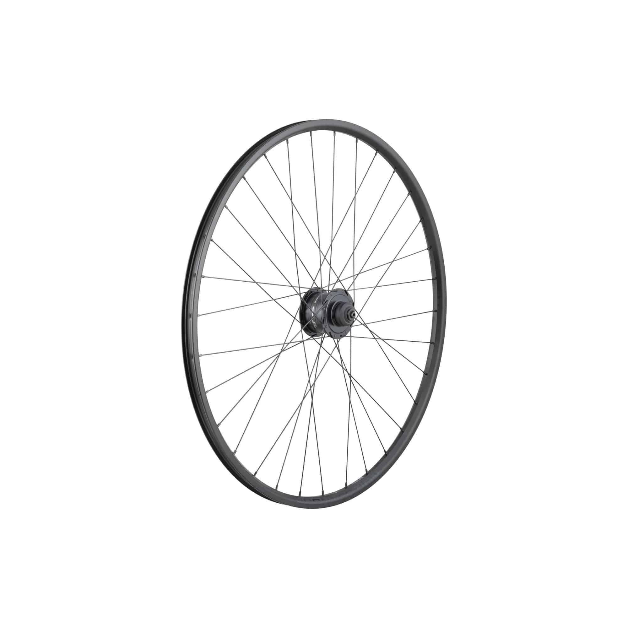Trek Bontrager Connection Dynamo 29-inch MTB front wheel with black centerlock hub, no cassette, lightweight bike component.