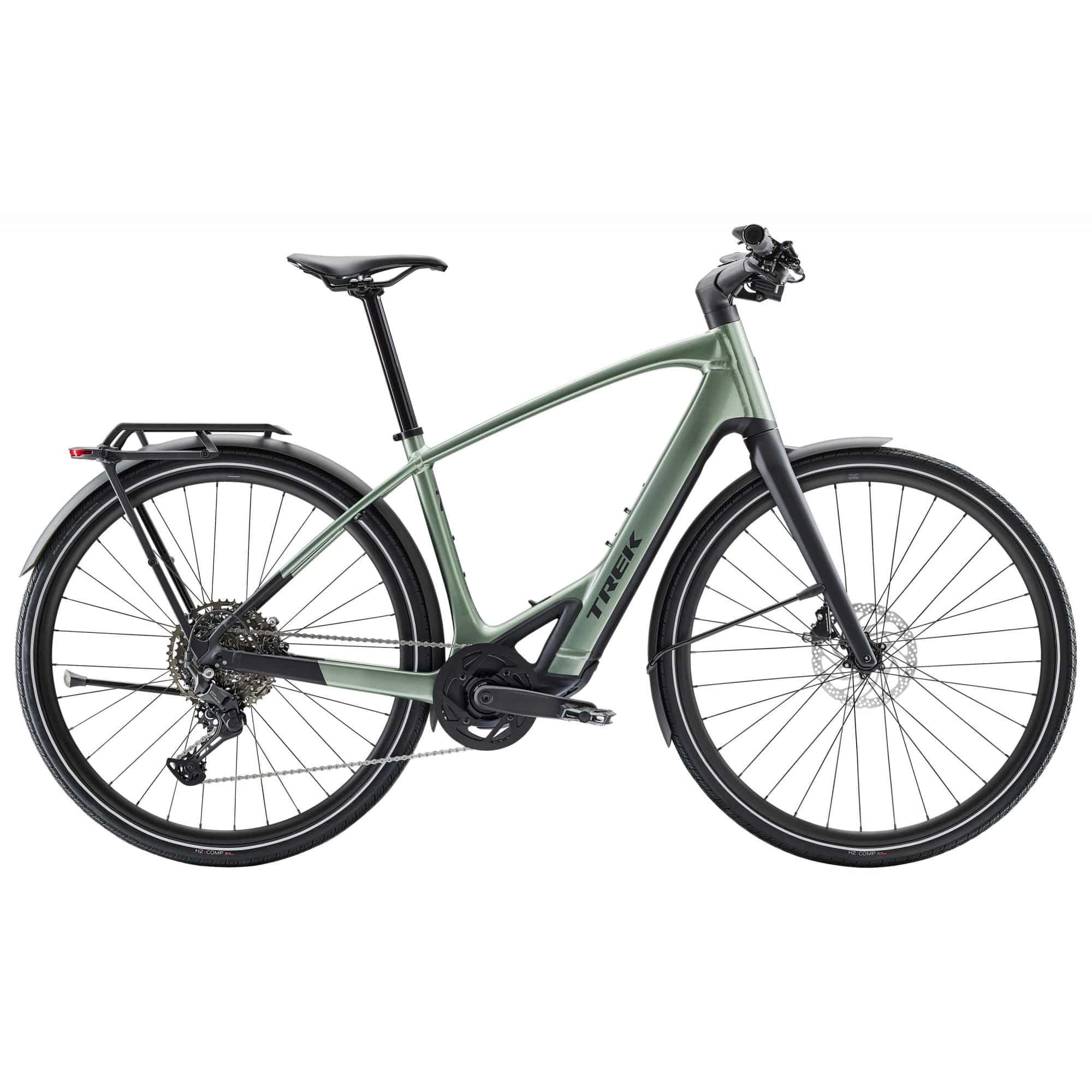Trek FX+ 7 2025 e-Hybrid Bike with Shimano CUES U6000 system and disc brakes, shown with sleek frame and modern design.