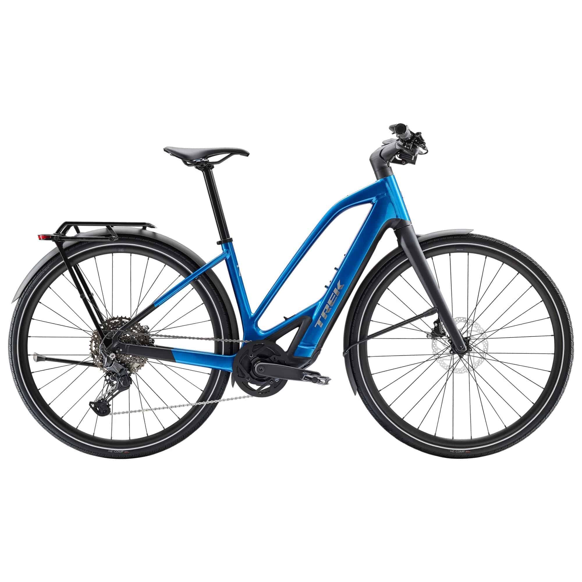 Trek FX+ 7 2025 e-hybrid bike with Shimano CUES U6000 electric assist system, featuring a sleek frame and modern design.