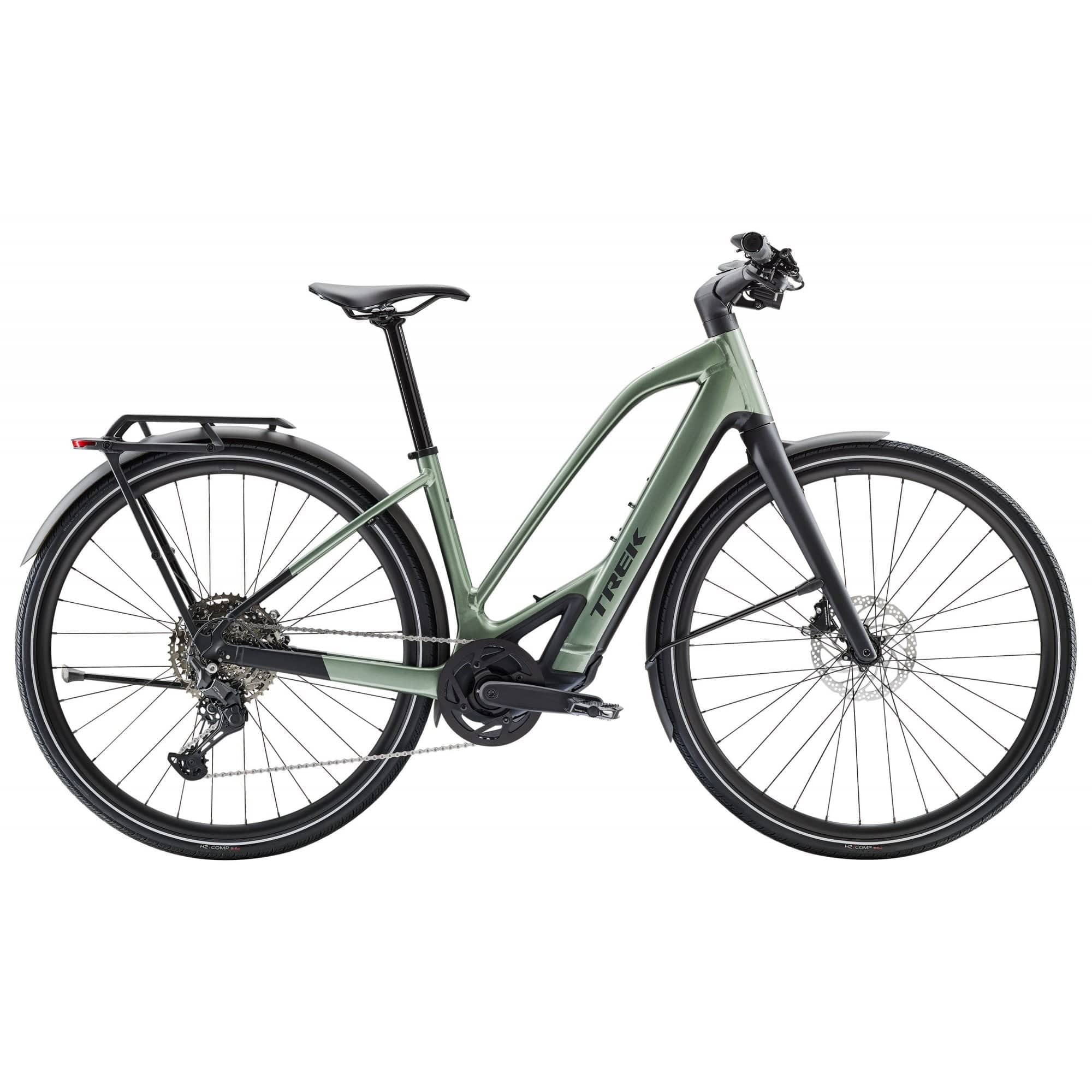 Trek FX+ 7 2025 e-Hybrid Bike with Shimano CUES U6000 electric assist system, black frame, and ergonomic design.