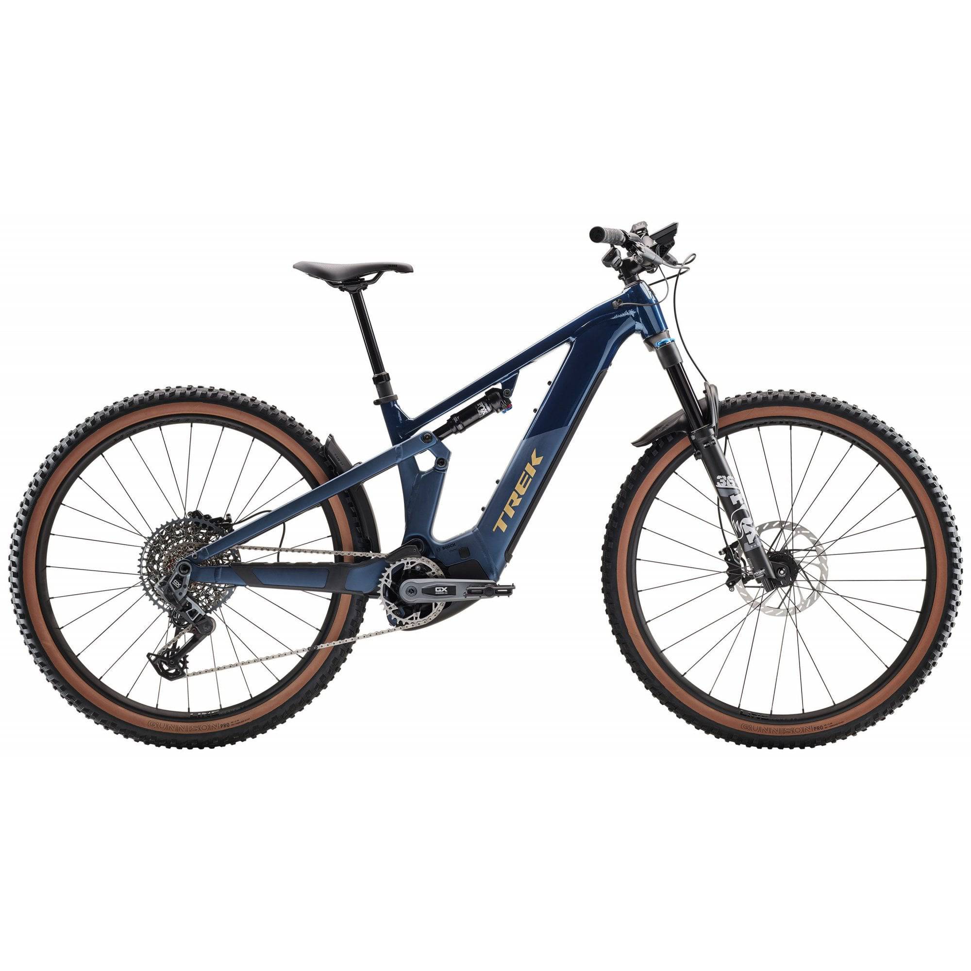 Trek Powerfly FS+ 8 2025 electric mountain bike with Gen 4 motor and SRAM GX AXS drivetrain, showing the bike's frame and components.